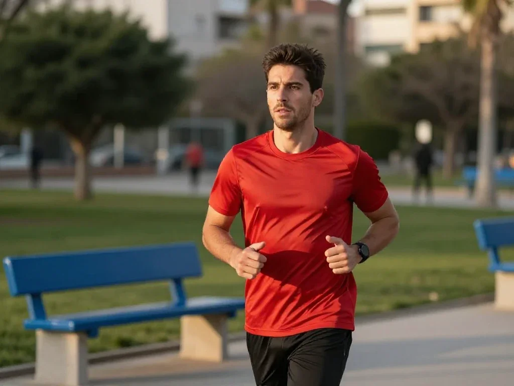 Hombre español corriendo en un parque al amanecer fomentando el deporte y bienestar.