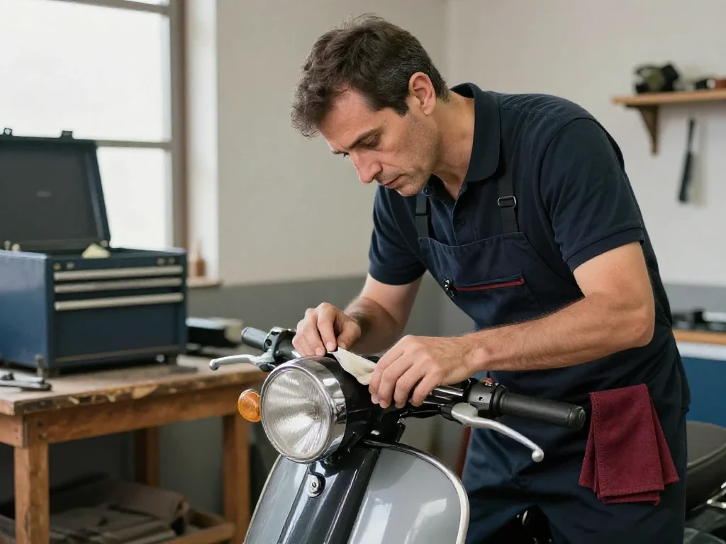 Hombre español realizando el mantenimiento detallado de una motocicleta clásica en un taller profesional.